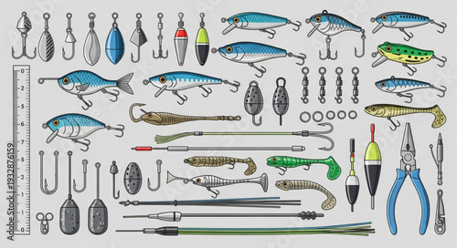 Collection of fishing equipment and lures for angling and sport fishing.