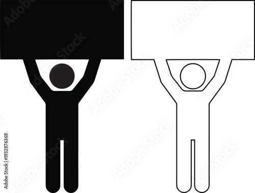 Minimalist person silhouette holding a blank rectangular placard icon for protest demonstrations, advertising message templates, and activist banner graphic design symbols.