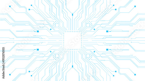 Blue Circuit Board Technology Background with Glowing HUD Interface Elements and Central Copy Space, Futuristic Neon Digital Pattern for Modern Tech Presentation Design