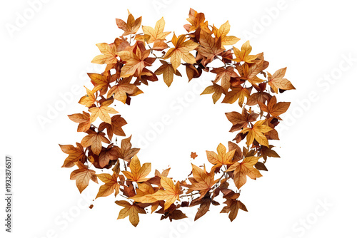 Autumn leaf wreath forming natural frame, celebrating fall season holidays, transparent background element