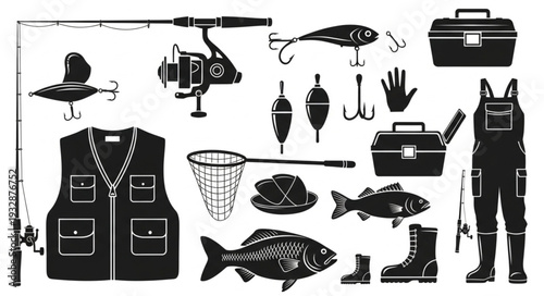 Fishing gear silhouette collection - rod, reel, tackle box, and other equipment.