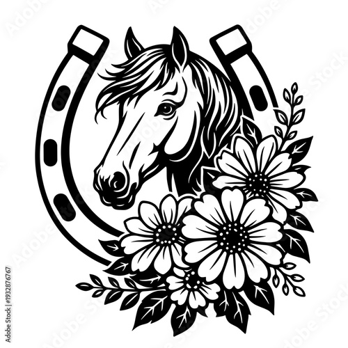 Lucky Horseshoe With Horse Head Profile Surrounded By Sunflower And Daisy Blooms, Equestrian Country Style Floral Animal Silhouette Illustration Art