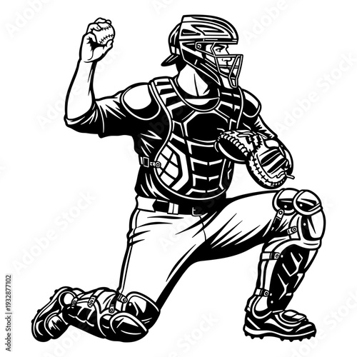 Baseball Catcher In Action Throwing The Ball Silhouette, Professional Sports Player In Protective Gear Graphic, Athletic Game Competition Design