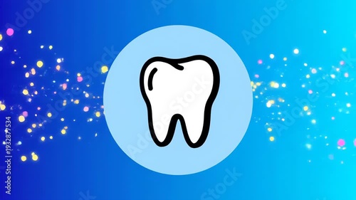 Abstract glowing particles and bokeh effects against a vibrant blue gradient background with a central white tooth icon symbolizing dental health and care.