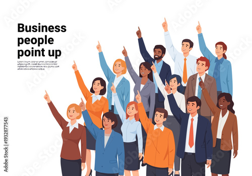 A diverse group of business people pointing up in a celebratory gesture