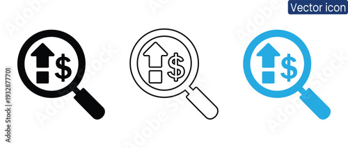 Vector icon of magnifying glass with dollar sign and upward arrow