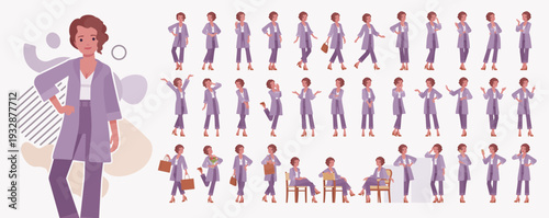 Attractive business woman, purple blouse character set, beautiful lady poses bundle. Active lifestyle of modern self-sufficient girl showing female confidence and beauty. Vector illustration