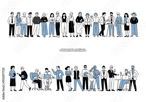 Diverse group of people standing and sitting in various poses and outfits