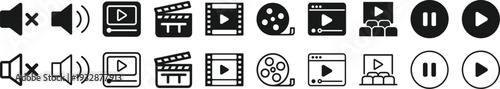 Video Icon Set with Cinema and Movie Symbols in Solid and Outline Style, Media Player Controls, Film Reel, Clapperboard and Audio Volume Vector Illustration Collection