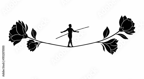 Silhouette of a person balancing on a tightrope with a pole, framed by stylized flowers.