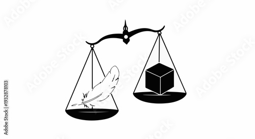 Symbolic scales show a feather and a cube in balance, representing fairness and equality.