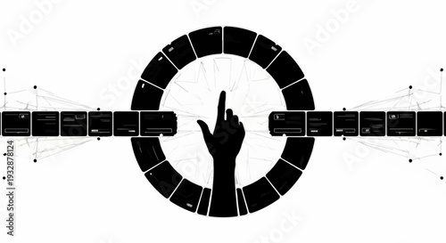 Silhouette hand reaching towards a futuristic digital interface with circular menu