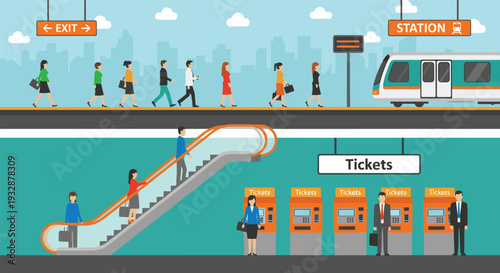 Metro station interior with passengers escalator ticket machines public transport vector illustration