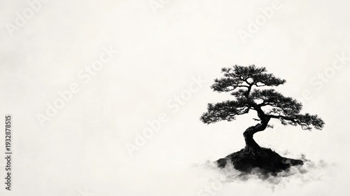 Solitary Bonsai: The image shows the ancient art of bonsai, symbolizing growth, harmony, and resilience in this minimalist design.