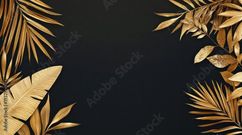 Golden Foliage on Darkness: Intricate golden leaves, showcasing a tapestry of textures and forms, artfully arranged against a backdrop of darkness. The image evokes a sense of opulence, contrast.
