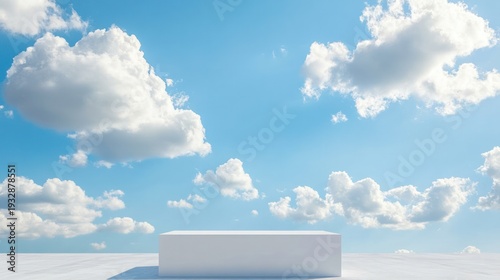 Cloudscape with Presentation Surface: An ethereal display platform floats against a backdrop of a vibrant blue sky dotted with fluffy clouds, creating a scene that evokes tranquility and openness.