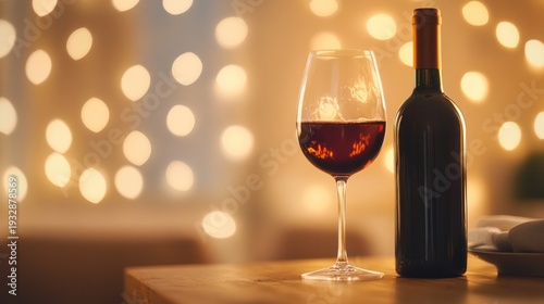 Wine Glass and Bottle in the Dim Light: A sophisticated composition featuring a glass of rich red wine beside a full bottle, bathed in the soft, warm glow of a dimly lit setting.