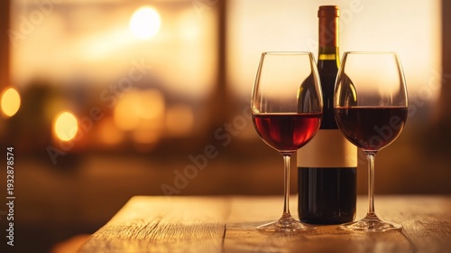 A Toast to Evening Delight: The allure of a romantic evening unfurls, featuring a bottle of wine and two glasses gracefully filled, bathed in the warmth of a setting sun.