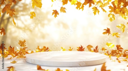 Autumn Stage: A picturesque autumn scene with golden leaves cascading around a wooden podium, creating a perfect backdrop for product presentation or seasonal themes.
