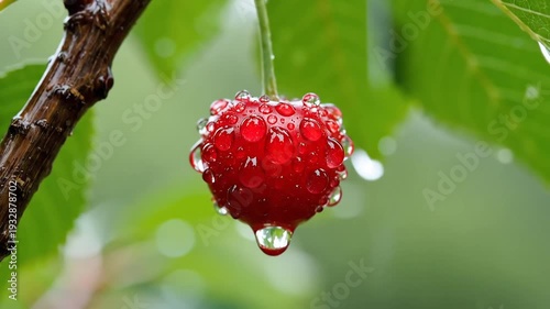 Closeup of a single ripe red cherry covered in sparkling water droplets hanging from a branch with green leaves in the background after rain.
