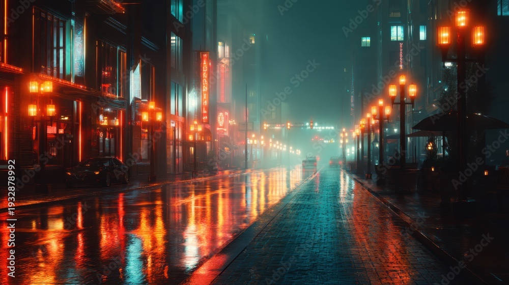 Obraz premium Night street in city with neon lights reflecting on wet road. Cyberpunk backdrop for urban nightlife illustration.