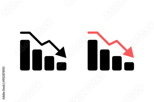 Chart decline icon set with falling arrow over bar graph, showing negative growth, loss, recession and downtrend analytics
