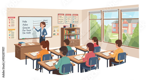 Teacher instructing students in a classroom, learning Spanish language