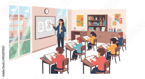 Art Class: Teacher Instructs Young Students Drawing Portraits at Desks in Bright Classroom