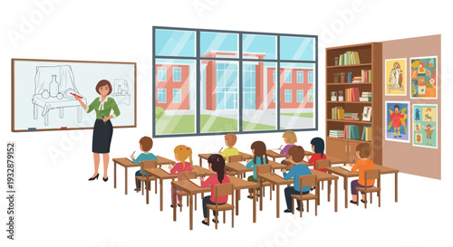 Classroom learning with teacher and students, educational scene with large window view.