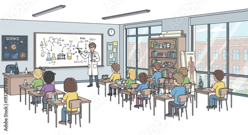 Science classroom with teacher explaining formulas and chemistry experiments to young students