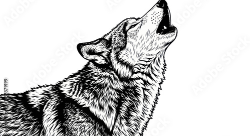 Wolf Howling, Detailed Sketch, Wild Animal, Black and White Illustration, Nature