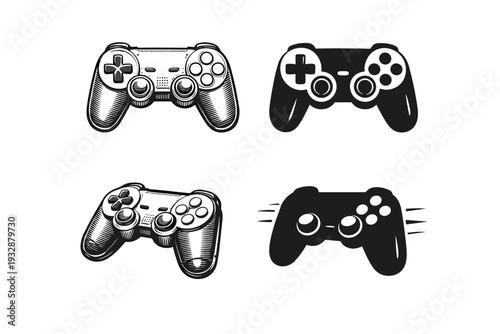 Black and white retro video game controllers illustrations