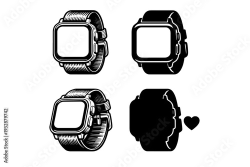 Collection of four stylish smartwatch icons with heart symbol