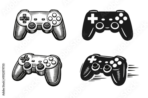 Vintage and modern video game controllers in black and white illustrat