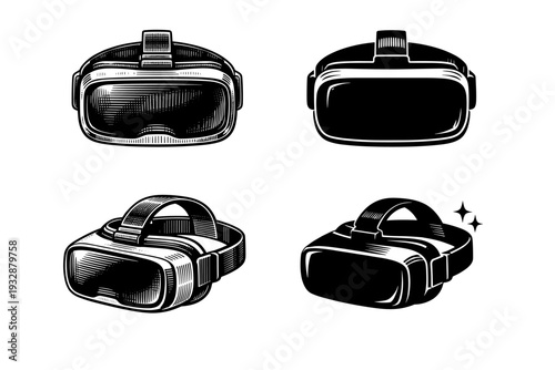 Set of vintage style virtual reality headsets in monochrome design