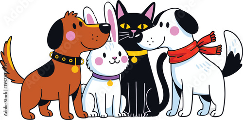 Cute cartoon animals group of dog cat and rabbit friends standing together  happy pets