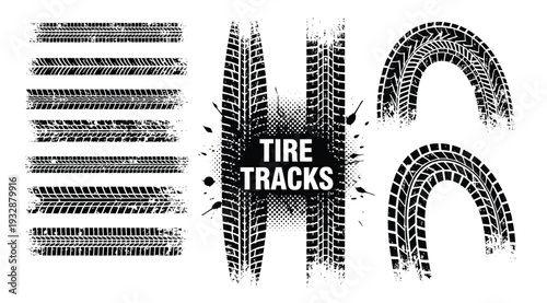 Tire tracks and tread patterns on white background for design elements