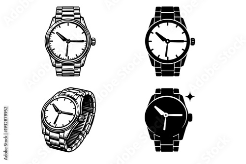 Assorted wristwatches in black and white featuring different designs