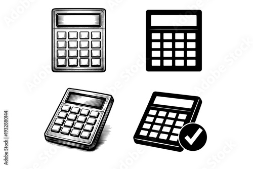 Set of four black and white calculator icons with checkmark
