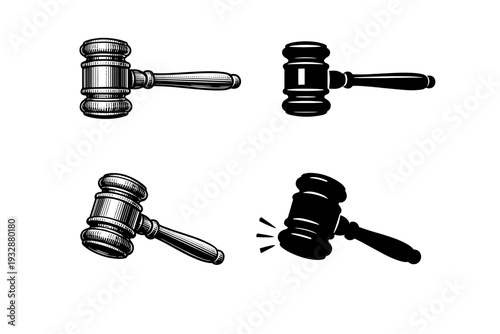 Set of four gavel illustrations: classic and silhouette designs