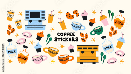 Cute Coffee Stickers Collection in Modern Cartoon Style – Colorful Cafe Drinks, Cups and Barista Elements