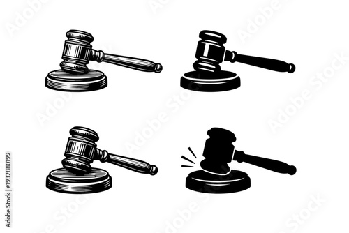 Set of four black and white judge gavels icons on white background