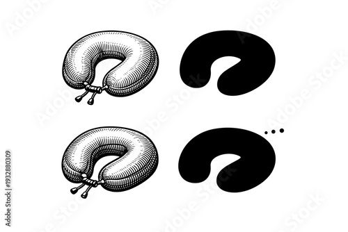 Illustrated travel neck pillow with silhouettes on white background