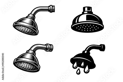 Vintage shower heads collection with water droplets in black and white
