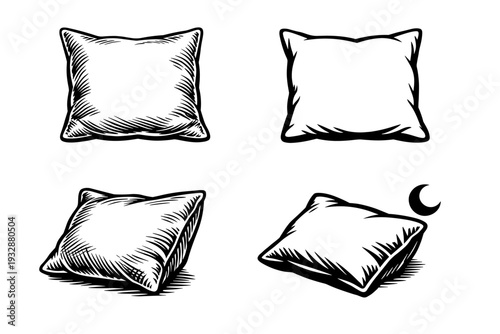 Set of four hand-drawn pillow illustrations with moon icon design