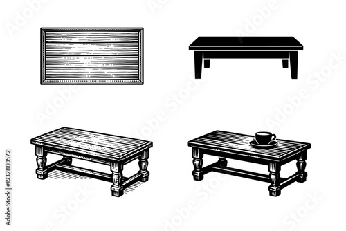 Vintage wooden tables and frame: rustic line art with tea cup detail