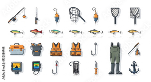 Collection of fishing equipment and accessories isolated on white background.