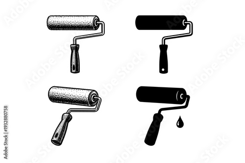 Set of four different paint roller icons in black and white