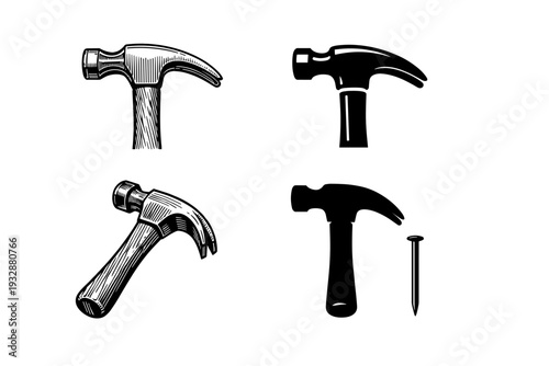 Four distinct hammer designs with nail on white background