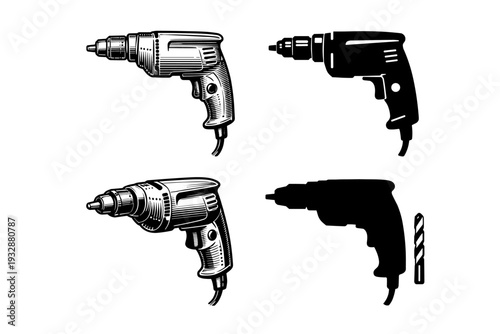 Vintage and silhouette corded drills with bits in various angles